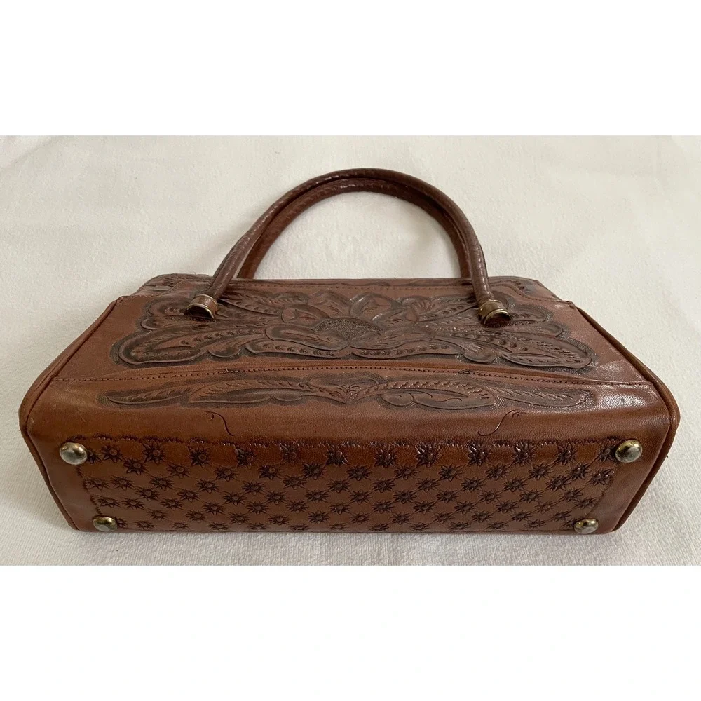 Vtg Mikes MGE Hand Tooled Floral Leather Satchel Bag Brown Western Boho Mexico